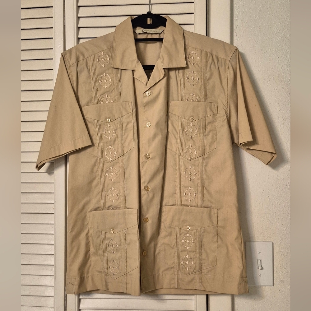 Men's Tan Havanera Short Sleeve Embroidered Guayabea Shirt